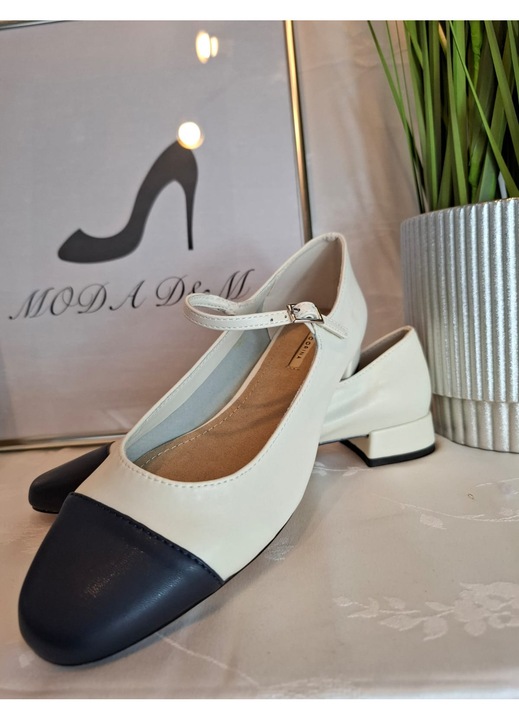 Pantofi dama Corina, albi cu toc gros, varf bleumarin, 39 EU