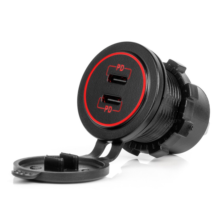 Priza auto cu 2 porturi USB-C, AMIO, capac, iluminare LED rosie, 12/24V