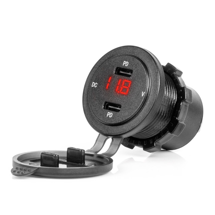 Vízálló autós töltő 2x USB-C feszültségmérővel, 12V 24V, AMiO