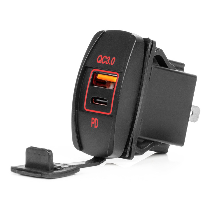 Priza auto AMIO cu 2 porturi USB & USB-C, 12/24V, Quick Charge 3.0, design impermeabil, 1 set