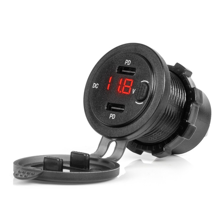 Vízálló autós töltő 2x USB-C-vel és feszültségmérővel, AMiO, 12V 24V