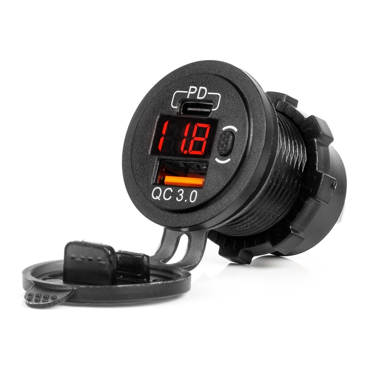 Vízálló autós töltő USB-vel és feszültségmérővel, AMiO, Quick Charge 3.0, 12/24V