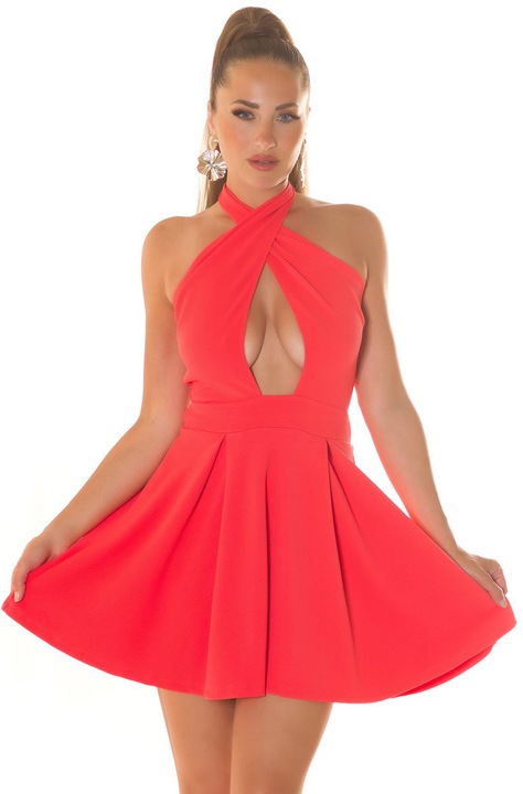 Rochie scurta cu bretele late incrucisate si decolteu adanc, Coral