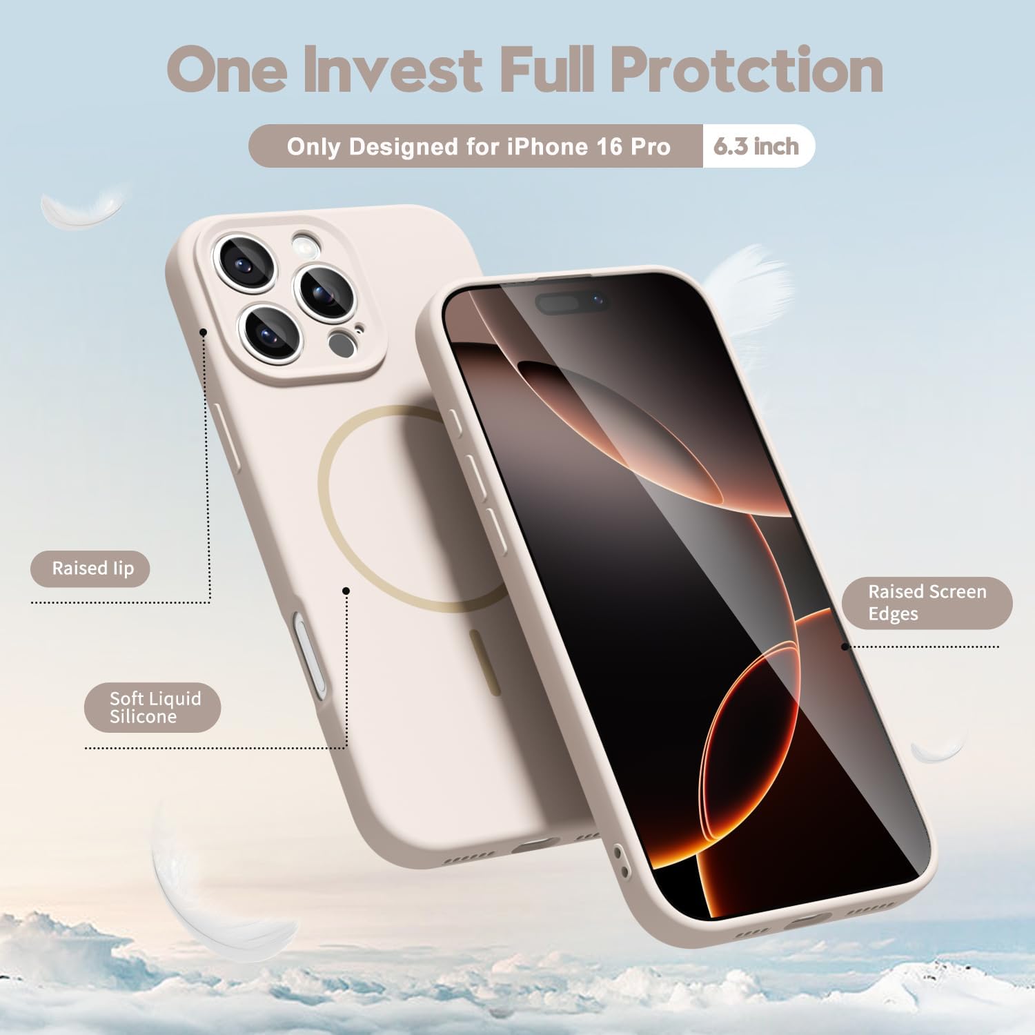 Husa Telefon din Silicon Alb, Compatibila cu MagSafe si iPhone 16 Pro, Rezistenta la Socuri, Prietenos cu Pielea, Margini Ridicate pentru Protectia Ecranului si Camerelor, Suprafata Anti-amprenta, Instalare Usoara Fara Scratch