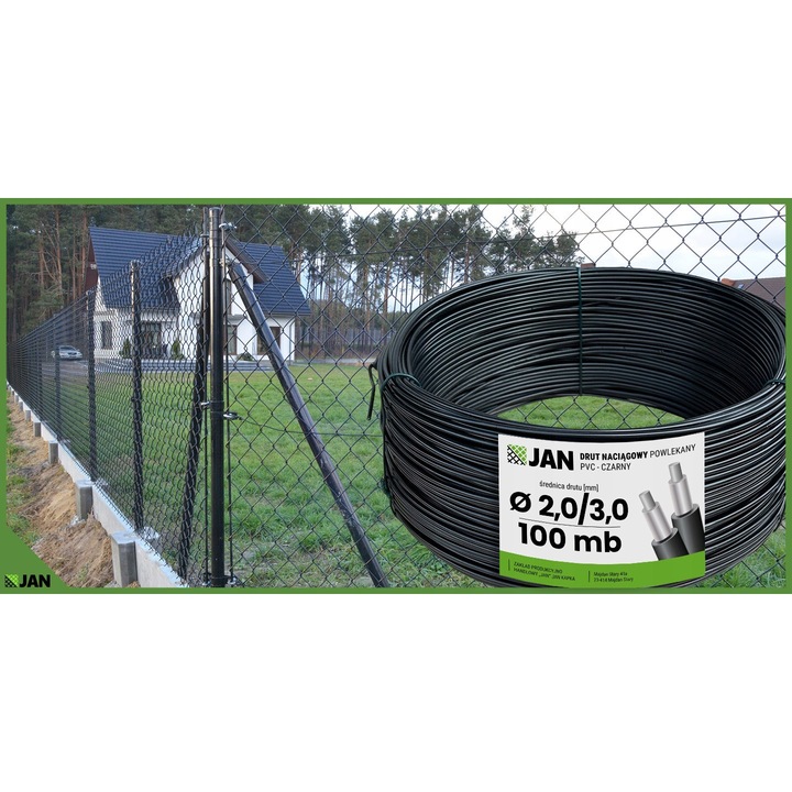 Fafeszítő huzal, ZPH JAN, 100 M, 2 mm, műanyag, korrózióvédelem, kiváló minőségű kivitelezés, fekete