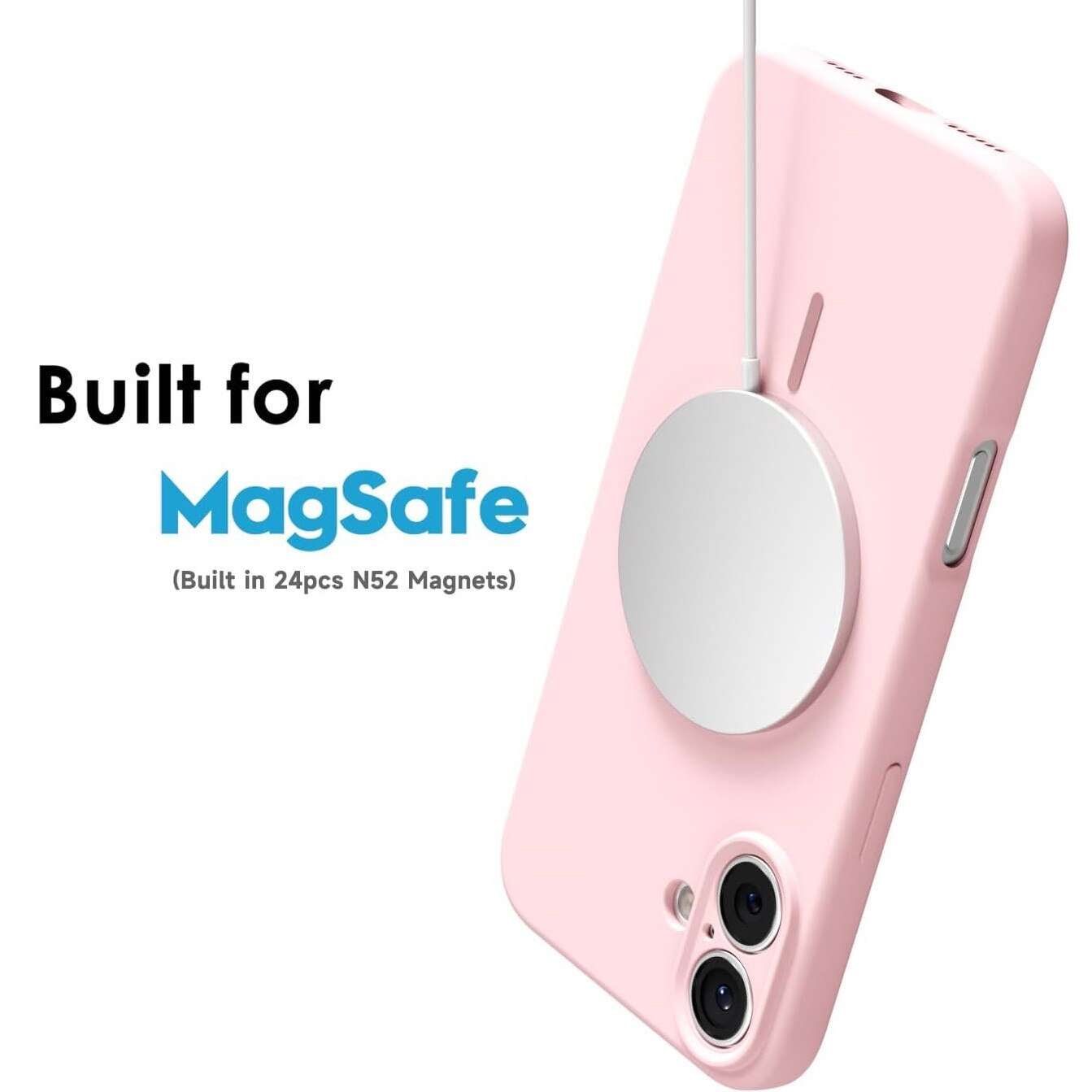 Husa Telefon din Silicon Roz, Compatibila cu MagSafe si iPhone 16, Rezistenta la Socuri, Prietenos cu Pielea, Margini Ridicate pentru Protectia Ecranului si Camerelor, Suprafata Anti-amprenta, Instalare Usoara Fara Scratch