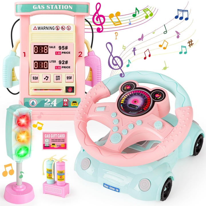 Masina cu Volan Interactiv si Statie, XGETOP®, Lumini si Muzica, Semafor, Card Combustibil, Doua Extinctoare, Efecte Sonore Realiste, Volan Rotativ 360°, Roti Sclipitoare, Jucarie pentru Invatare si Distractie, Roz
