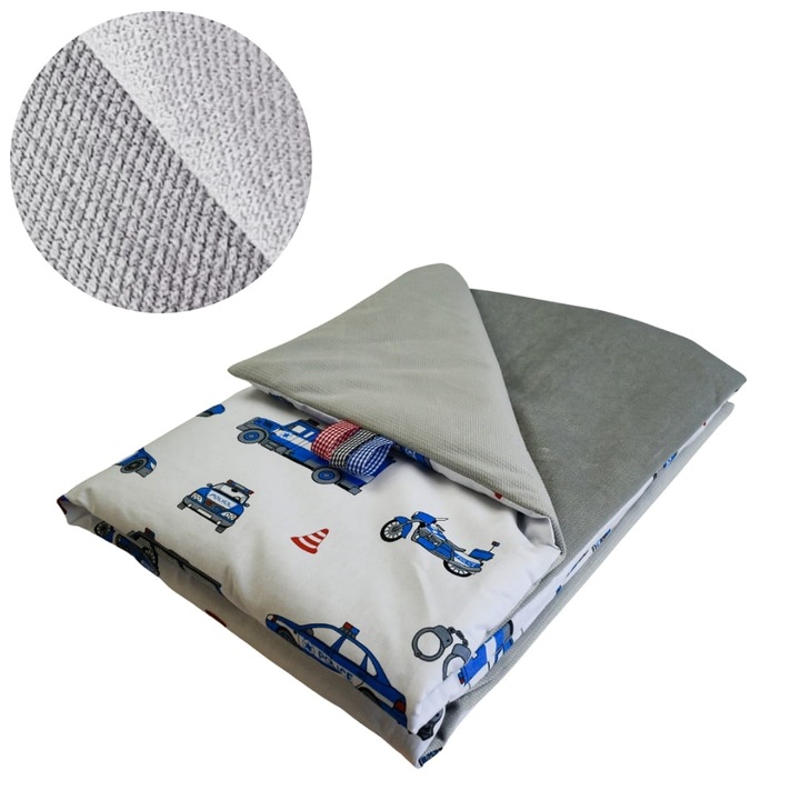 Gyermek takaró, rendőrségi, 75 cm x 100 cm, pamut, bársony, fűtött, Oeko-Tex Standard 100 tanúsítvánnyal, fehér/szürke