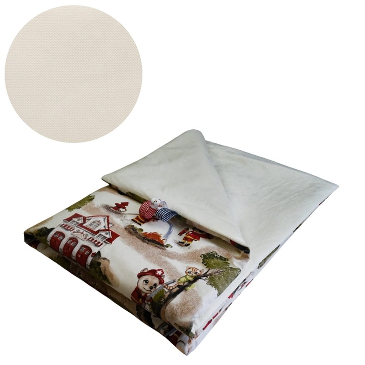 Gyermek takaró, kutyás, tűzoltós, 75 cm x 100 cm, steppelt, pamut és velúr anyag, Oeko-Tex tanúsítvánnyal, kétoldalas, krémszínű