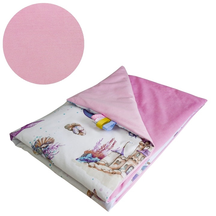 Gyermek takaró, sellők, 75 cm x 100 cm, bélelt, pamut és velúr anyag, Oeko-Tex tanúsítvánnyal, kétoldalas, rózsaszín