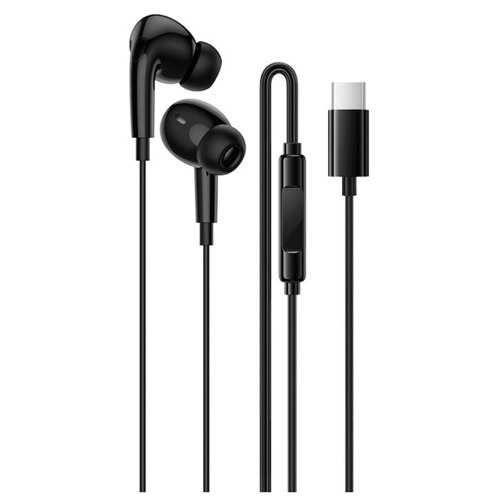 Casti cu Fir, compatibile cu iPhone 16/17, Mufa Type-C, 1m, Microfon integrat si Butoane de control, Negru