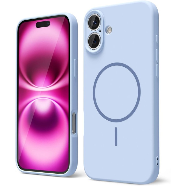 Husa Telefon din Silicon Albastru, Compatibila cu MagSafe si iPhone 16, Rezistenta la Socuri, Prietenos cu Pielea, Margini Ridicate pentru Protectia Ecranului si Camerelor, Suprafata Anti-amprenta, Instalare Usoara Fara Scratch