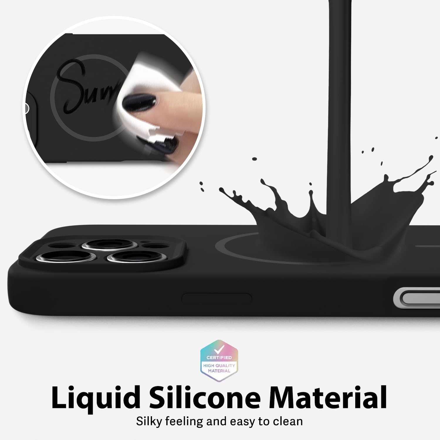 Husa Telefon din Silicon Negru, Compatibila cu MagSafe si iPhone 16 Pro Max, Rezistenta la Socuri, Prietenos cu Pielea, Margini Ridicate pentru Protectia Ecranului si Camerelor, Suprafata Anti-amprenta, Instalare Usoara Fara Scratch