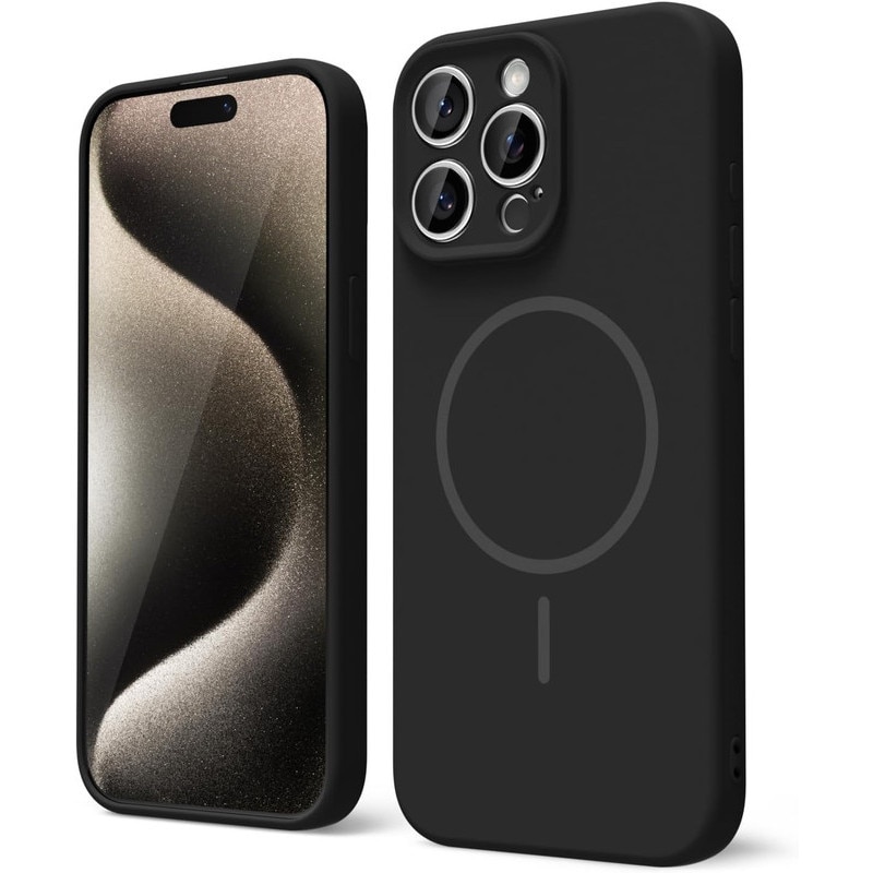 Husa Telefon din Silicon Negru, Compatibila cu MagSafe si iPhone 16 Pro Max, Rezistenta la Socuri, Prietenos cu Pielea, Margini Ridicate pentru Protectia Ecranului si Camerelor, Suprafata Anti-amprenta, Instalare Usoara Fara Scratch