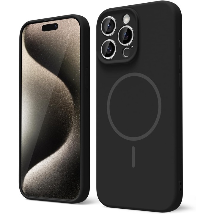 Husa Telefon din Silicon Negru, Compatibila cu MagSafe si iPhone 16 Pro, Rezistenta la Socuri, Prietenos cu Pielea, Margini Ridicate pentru Protectia Ecranului si Camerelor, Suprafata Anti-amprenta, Instalare Usoara Fara Scratch