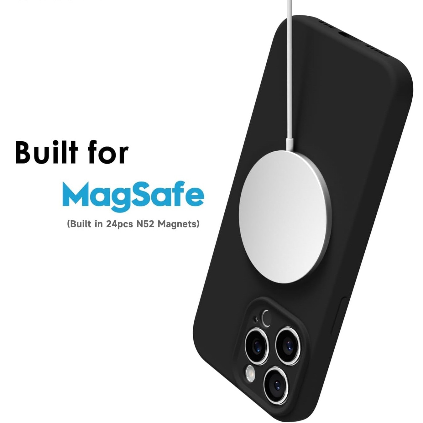 Husa Telefon din Silicon Negru, Compatibila cu MagSafe si iPhone 16 Pro Max, Rezistenta la Socuri, Prietenos cu Pielea, Margini Ridicate pentru Protectia Ecranului si Camerelor, Suprafata Anti-amprenta, Instalare Usoara Fara Scratch