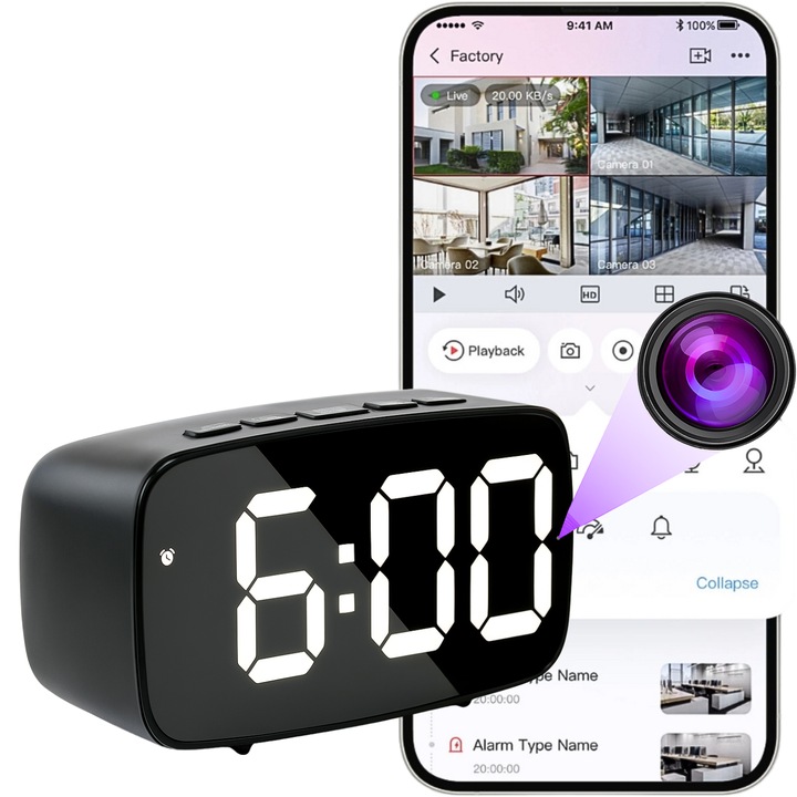 Mini camera spion WiFi ascunsa in ceas desteptator, Spreest®, SC12, Full HD 1080P, unghi 120°, microfon, detectare miscare cu notificari, inregistrare in bucla, suport microSD pana la 128 GB, control prin aplicatie Android/iOS, alimentare permanenta