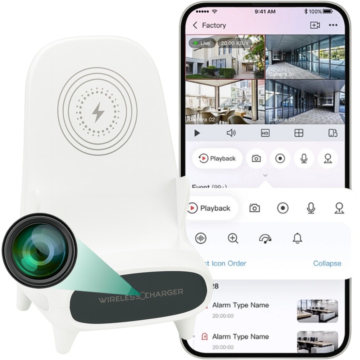 Мини шпионска камера с безжично зарядно WCC04, Full HD резолюция, детектор на движение, размери 150x80x85 мм