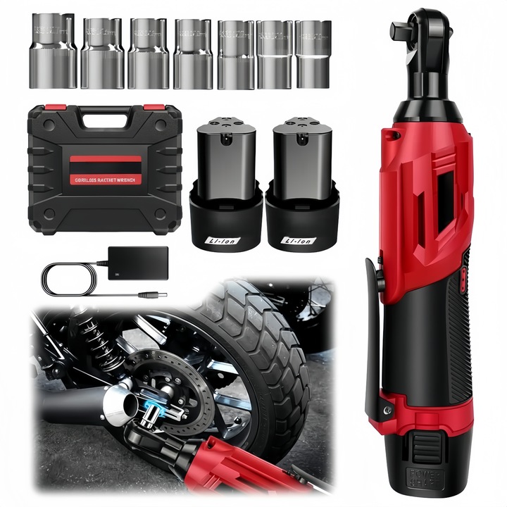 Електрически гаечен ключ с тресчотка 3/8", комплект с 2 батерии, LED, за автомобилни и DIY работи