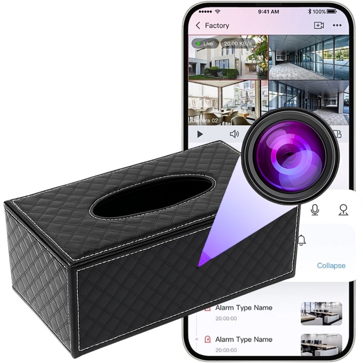 Mini camera spion WiFi ascunsa in cutie pentru servetele, Spreest®, TC01, 4K / 1080P, audio, detectare miscare, baterie 3000 mAh, pana la 9 h autonomie, control aplicatie Android/iOS, suport microSD 128 GB, negru