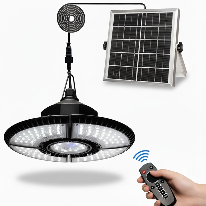 Соларна лампа за външно и вътрешно осветление, 136 LED, IP65, дистанционно управление, регулируеми рамена, 5M кабел, соларен панел 6V/5W