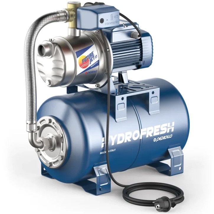Hidrofor Pedrollo Hydrofresh Future Jetm 2 CX, putere pompa 0.75 KW, rezervor 24 L, debit maxim 110 l/min, adancime aspiratie manometrica 9 m, inaltime pompare maxim 55 m, presiune maxima 7 bar