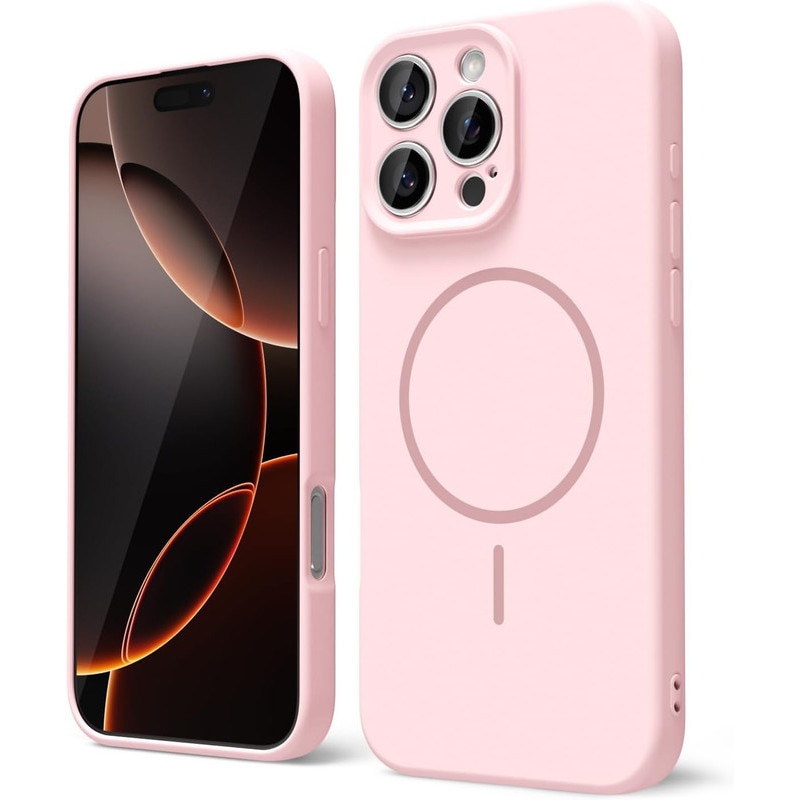 Husa Telefon din Silicon Roz, Compatibila cu MagSafe si iPhone 16 Pro, Rezistenta la Socuri, Prietenos cu Pielea, Margini Ridicate pentru Protectia Ecranului si Camerelor, Suprafata Anti-amprenta, Instalare Usoara Fara Scratch