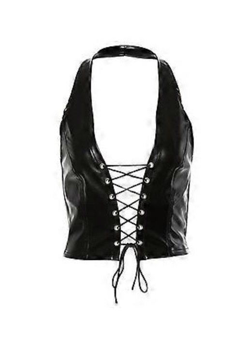 Maiou femei, crop top sexy, negru, piele ecologica, fara maneci, dantela, S INTL