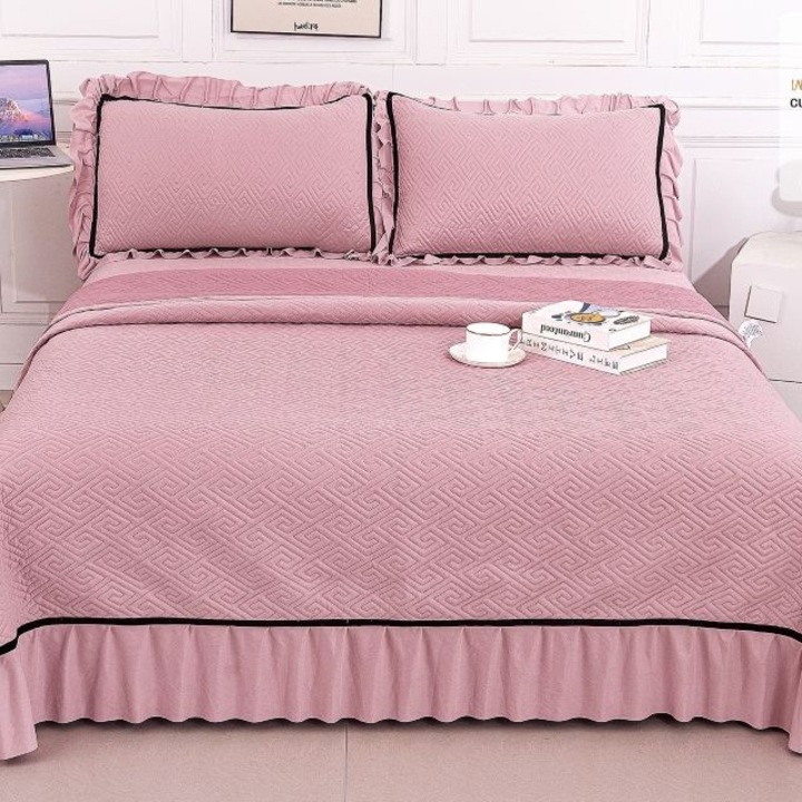 Set cuvertura, Casa de Vis Online, matslasata, tip catifea, 3 piese, roz, 220 x 240 cm, CC-51