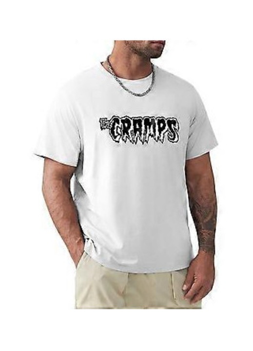 Férfi póló, At The Cramps, kerek gallér, rövid ujjú, fehér, pamut, S INTL