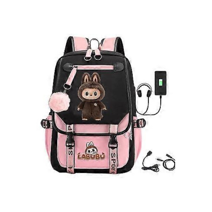 Ghiozdan scolar Labubu cu incarcare USB, pentru copii, multicolor