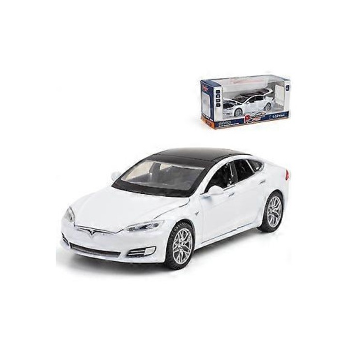 Tesla Model S modellautó nyitott ajtókkal és lámpákkal, fehér