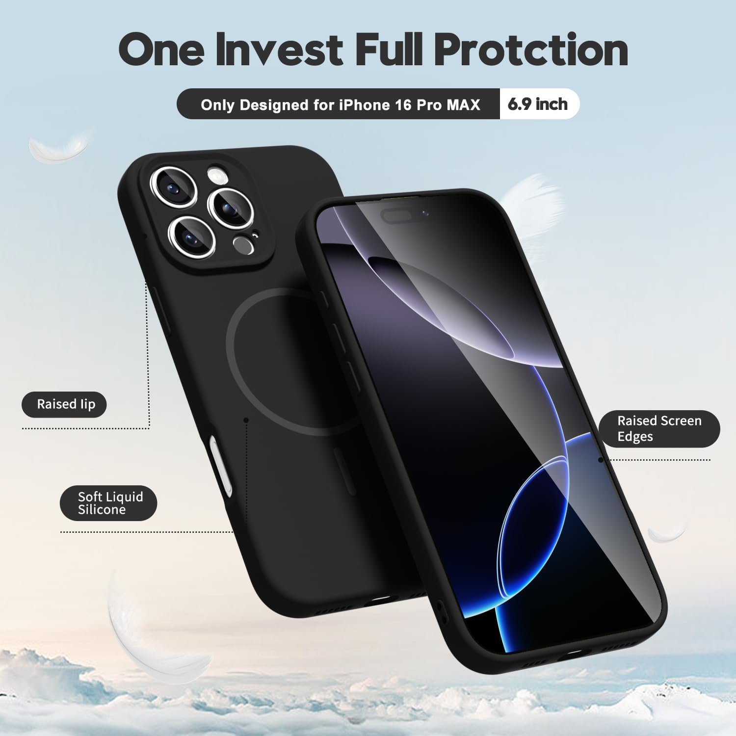 Husa Telefon din Silicon Negru, Compatibila cu MagSafe si iPhone 16 Pro Max, Rezistenta la Socuri, Prietenos cu Pielea, Margini Ridicate pentru Protectia Ecranului si Camerelor, Suprafata Anti-amprenta, Instalare Usoara Fara Scratch
