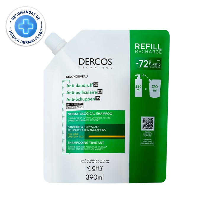 Sampon anti-matreata Vichy Dercos pentru par normal si uscat, rezerva eco, 390 ml
