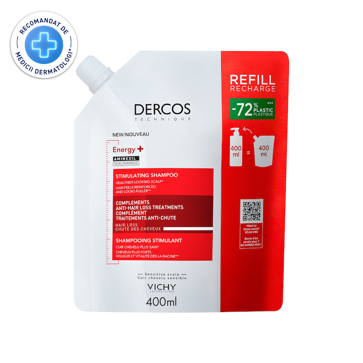 Sampon energizant Vichy Dercos Energy+, tratament complementar impotriva caderii parului cu aminexil, format eco, 400 ml