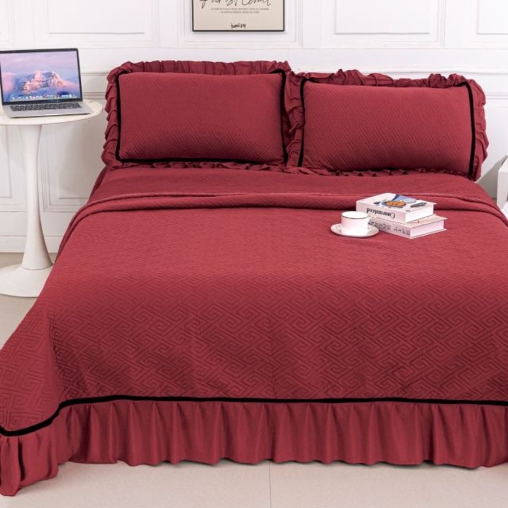 Set cuvertura, Casa de Vis Online, matslasata, tip catifea, 3 piese, rosu, 220 x 240 cm, CC-57