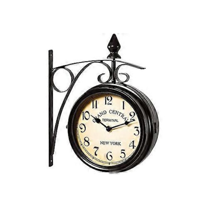 Dekoratív, kétoldalas óra, fém, fekete, kertbe