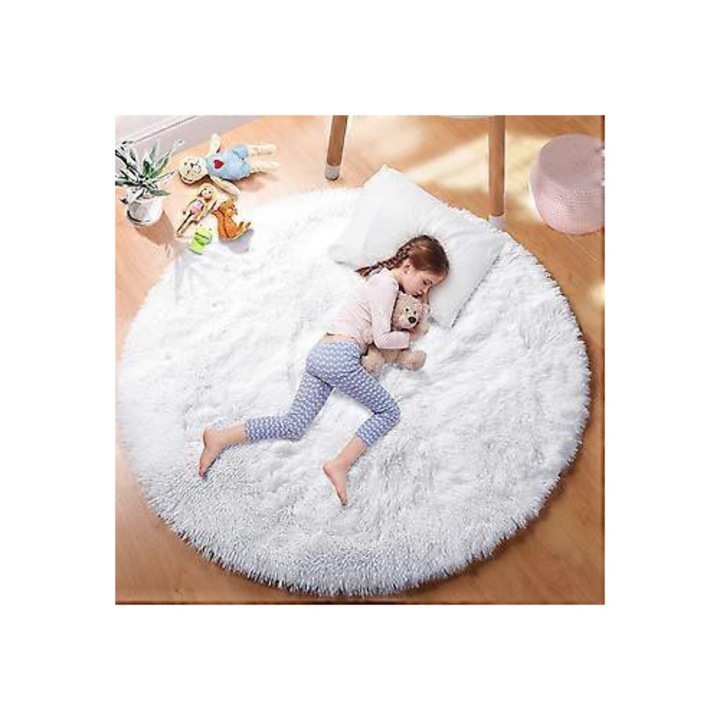 Бял пухкав кръгъл килим за хол, декорация на младежка стая, различни размери