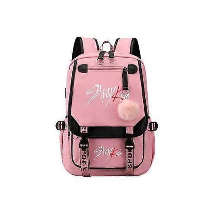 Ghiozdan panza Stray Kids, USB, pentru scoala, unisex, roz