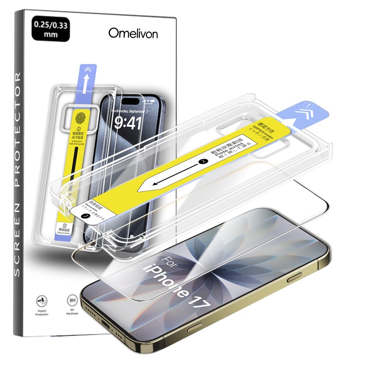 Folie de Protectie pentru iPhone 17, Omelivon, Sticla temperata, Cu Kit de Aplicare Instanta si Functie Automata de Indepartare a Prafului, Duritate 9H, Ultra Claritate HD, Anti-amprenta