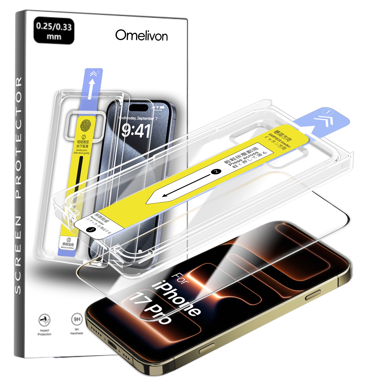 Folie de Protectie pentru iPhone 17 Pro, Omelivon, Sticla temperata, Cu Kit de Aplicare Instanta si Functie Automata de Indepartare a Prafului, Duritate 9H, Ultra Claritate HD, Anti-amprenta