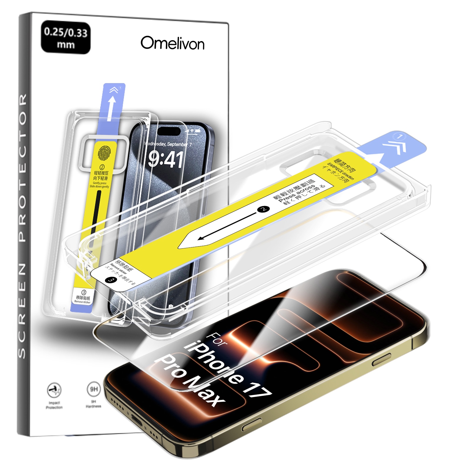 Folie de Protectie pentru iPhone 17 Pro Max, Omelivon, Sticla Securizata, cu Kit de Aplicare Instanta si Functie Automata de Indepartare a Prafului, Duritate 9H, Ultra HD, advanced touch sensitivity