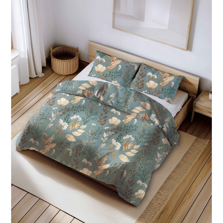 Lenjerie de pat set, Fan, 220x200cm, 2 posh. 70x80cm, floristic, salviu