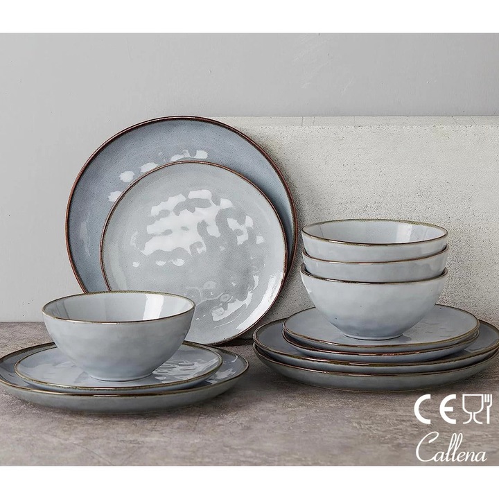 Set vesela, serviciu de masa cu 12 farfurii si boluri din ceramica, farfurii vintage, albastru cu margini maro - aurii, Callena Belle Époque