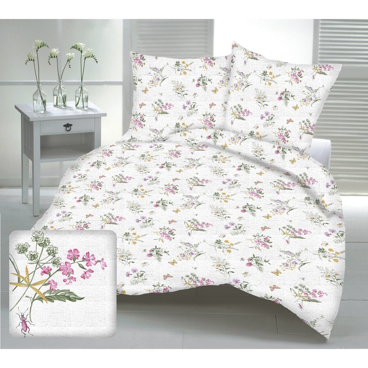 Lenjerie de pat, Fan, set 220x200cm, flori de camp roz si violet pe fundal alb, 100% bumbac