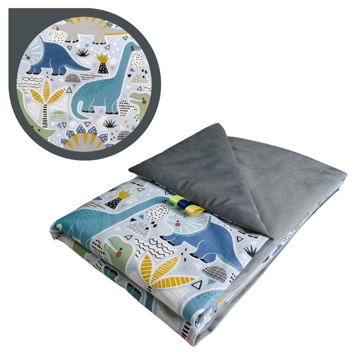 Gyermek takaró, dinoszauruszok, 75 cm x 100 cm, pamut/velúr, kétoldalas, Oeko-Tex Standard 100 tanúsítvánnyal, szenzoros címkék, kék/grafit