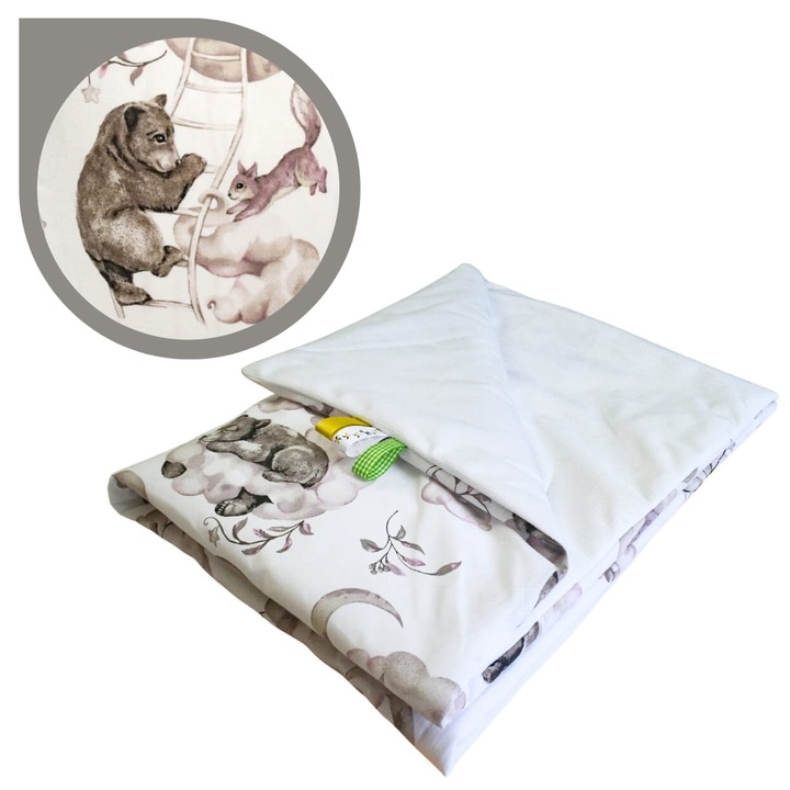 Gyerek Takaró, Medvék a Létrán, 75 cm x 100 cm, Pamut, Velúr, Oeko-Tex Standard 100 Tanúsítvány, Kétoldalas, Fehér