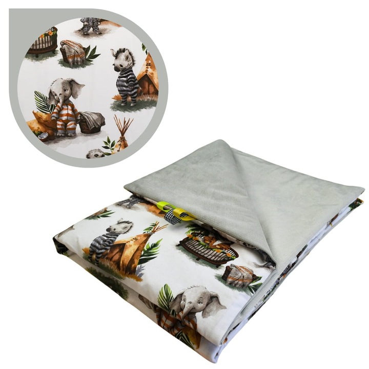 Gyermek takaró, Típus, Állatok Típus, 75 cm x 100 cm, Pamut és Bársony anyag, Oeko-Tex® Standard 100 tanúsítvány, Megfordítható takaró, Puha és Finom, Szürke