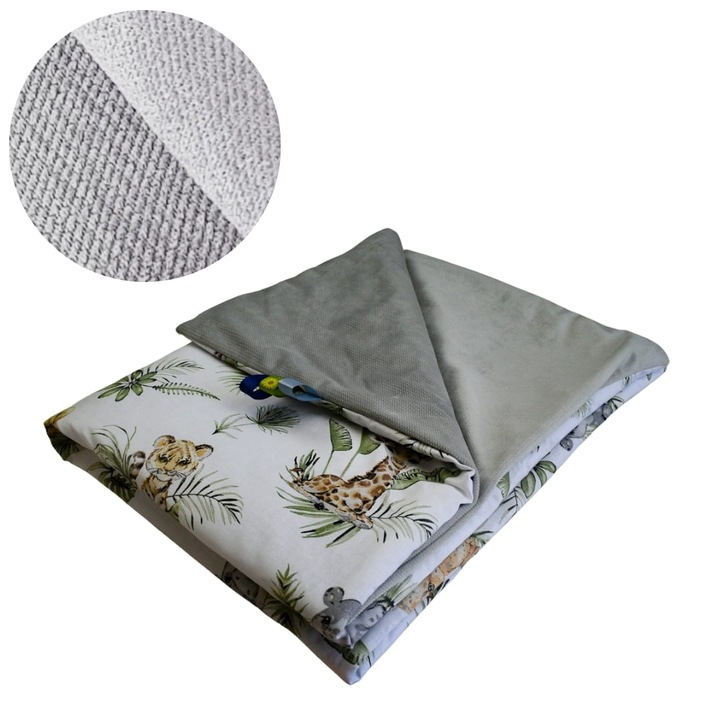 Gyermek takaró, afrikai állatok, 75 cm x 100 cm, pamut és velúr anyag, Oeko-Tex® Standard 100 tanúsítvány, megfordítható takaró, puha és finom, szürke