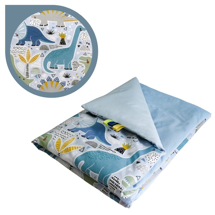 Patura Pentru Copii, Dinozauri, 75 cm x 100 cm, Material Bumbac Si Velur, Certificat Oeko-Tex® Standard 100, Patura Reversibila, Opaca, Placuta La Atingere, Albastru